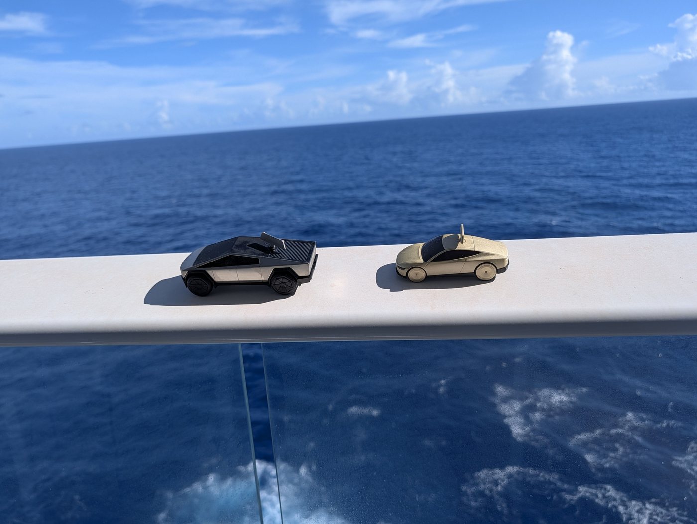 Tesla Cybertruck Wind-up Racers on the ship railing