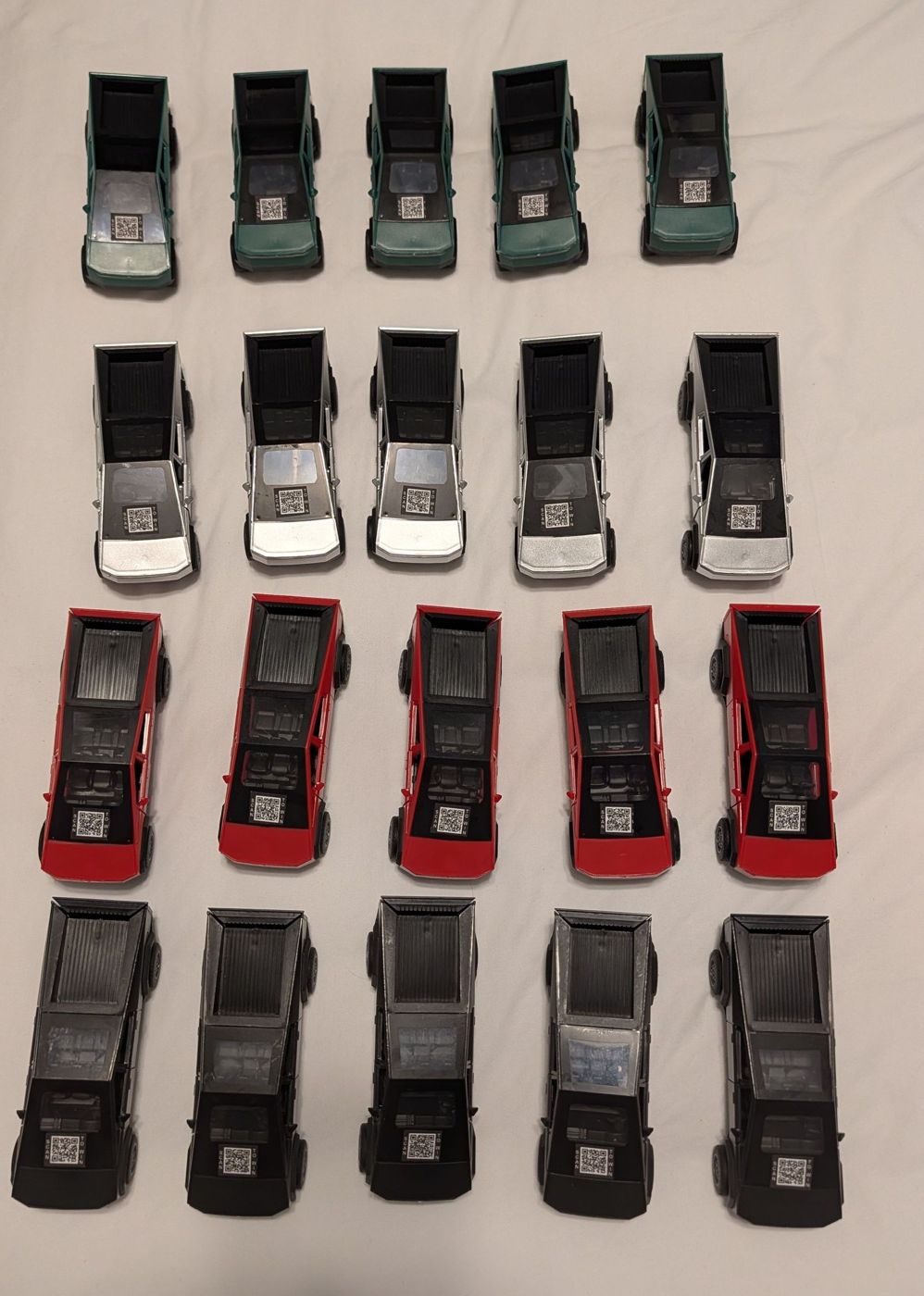 All 20 toy Cybertrucks lined up