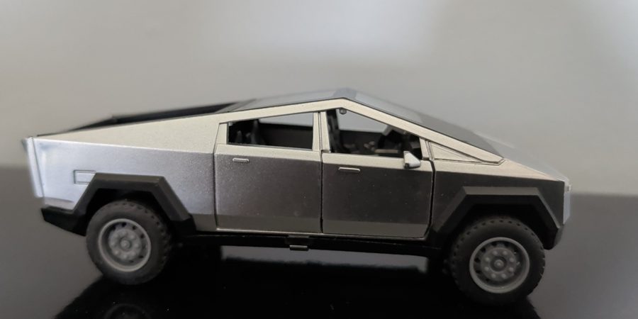 A silver toy Cybertruck